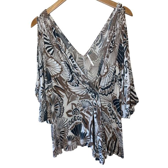 Free People Sapphire Bohemian Bell Sleeve Cold Shoulder Brown Paisley Blouse Med - Picture 1 of 12